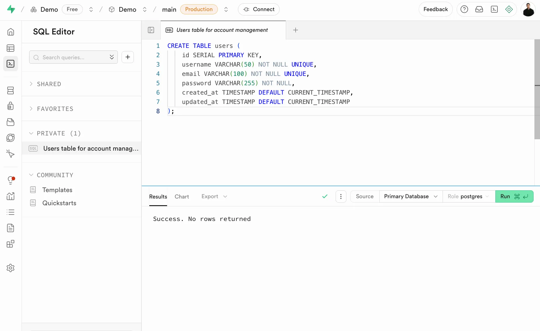 用 SQL 的方式建立了一個 users table