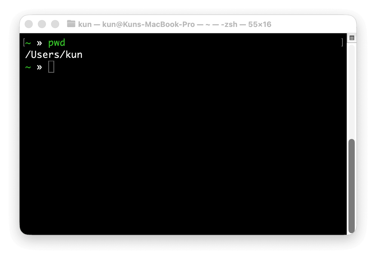 可以看到我打開 Mac 的 Terminal 輸入 pwd 後，他就顯示我目前在 /Users/kun 的位置