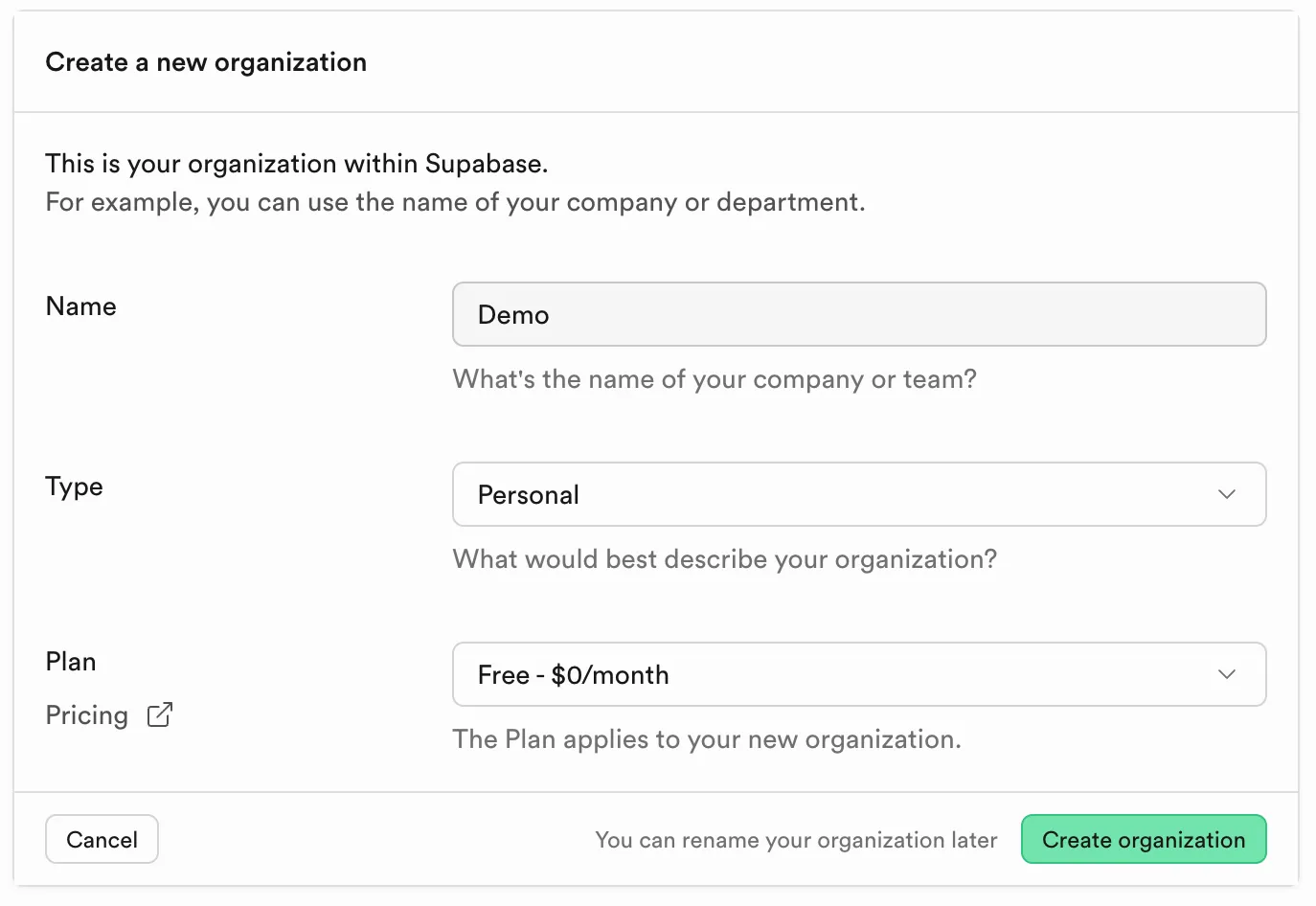 建立 Supabase 組織的方式
