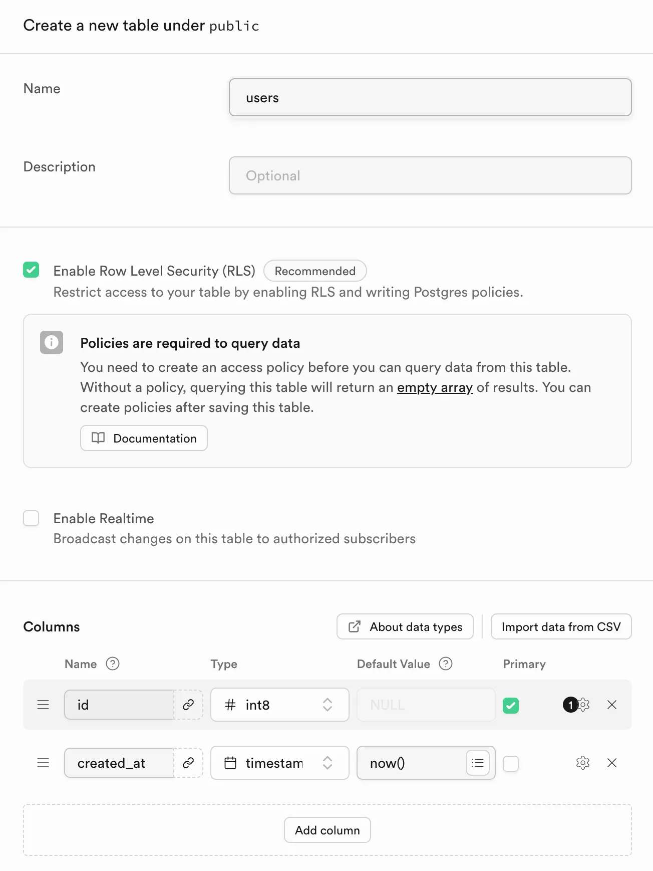用視覺化工具創建了一個 user 表格