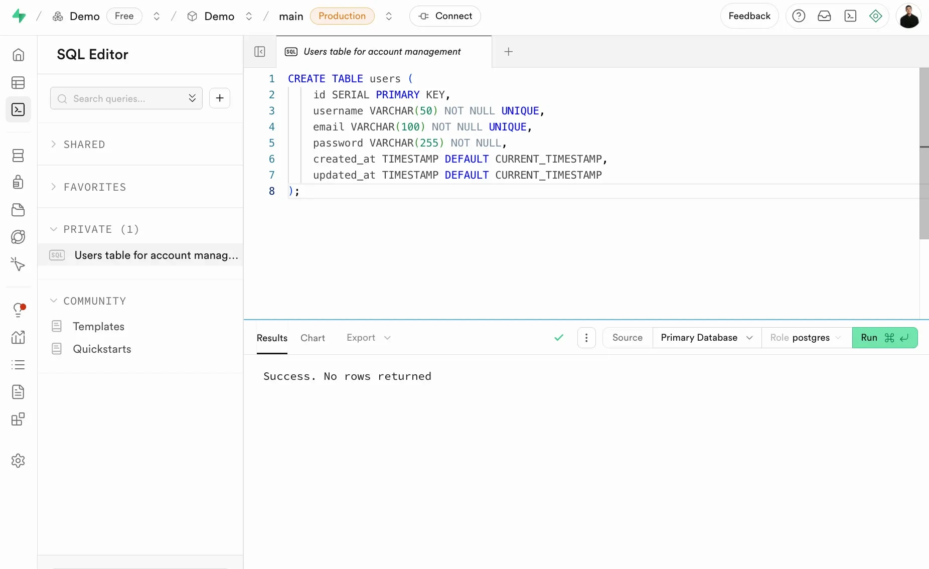 用 SQL 的方式建立了一個 users table